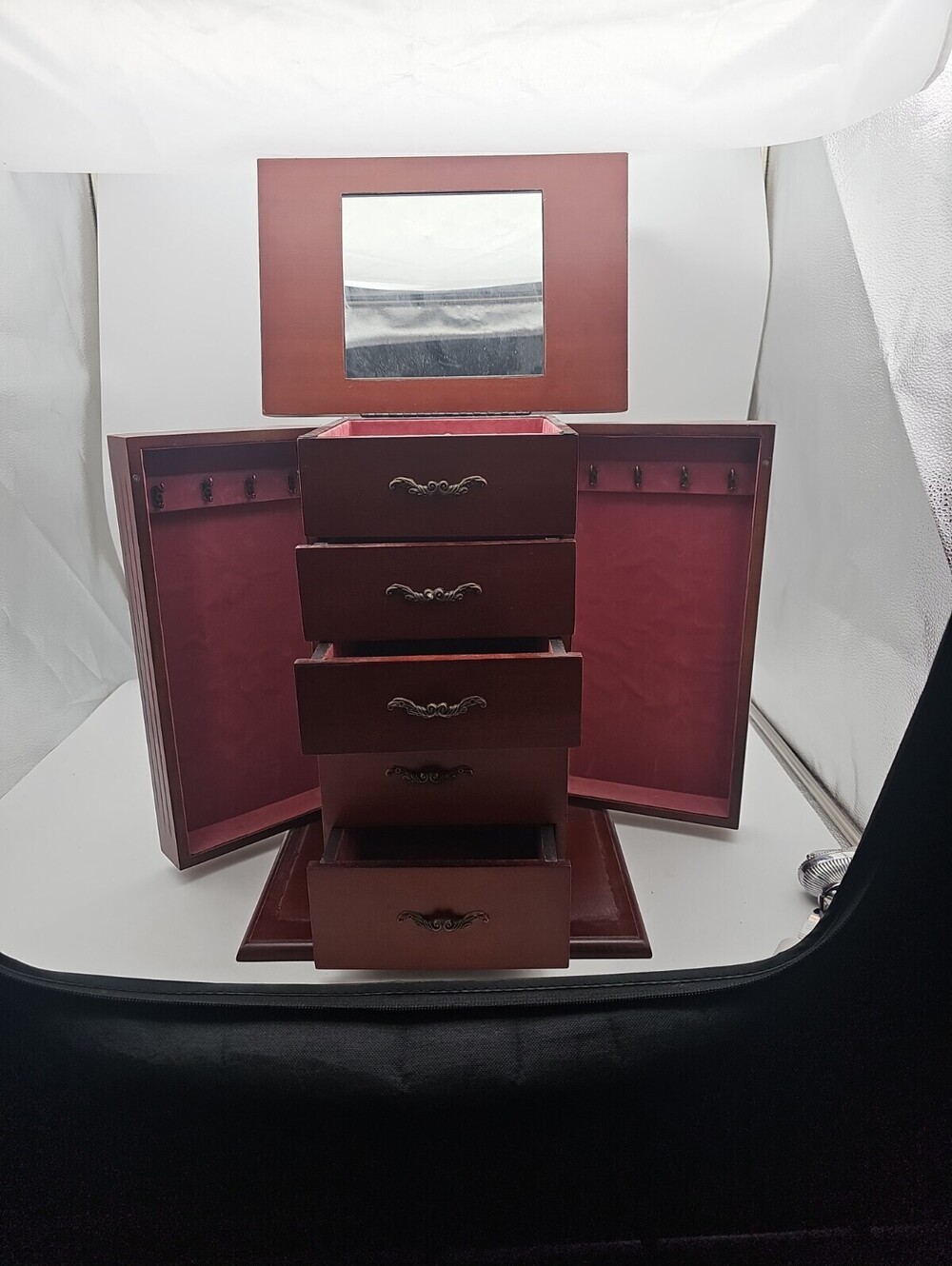 Vintage Wooden Jewelry Box Chest Armoire 5 Drawers Flip Top Mirror Storage Case